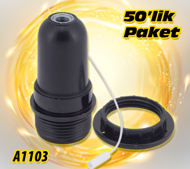 A1103 - E-27 İPLİ ANAHTARLI DUY SİYAH (50'lik paket)